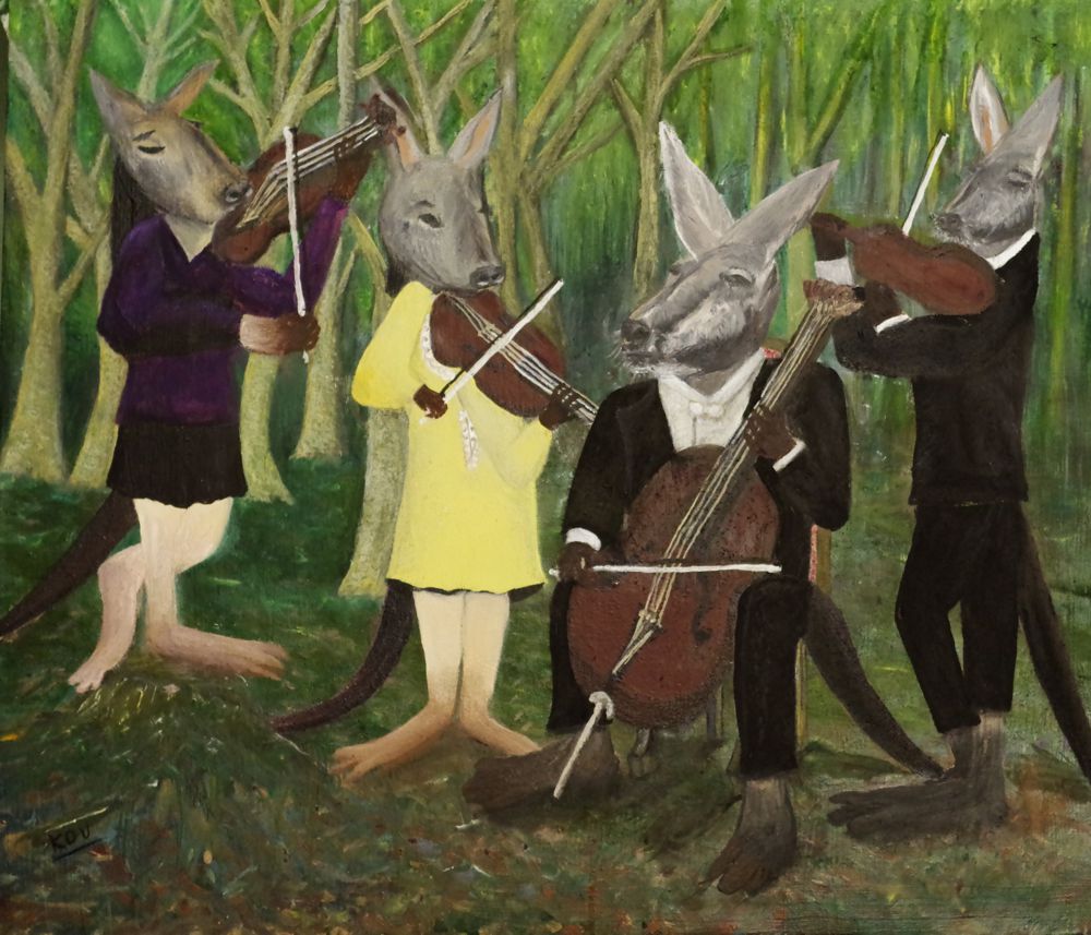 ブナの林で楽器を演奏するカンガルー