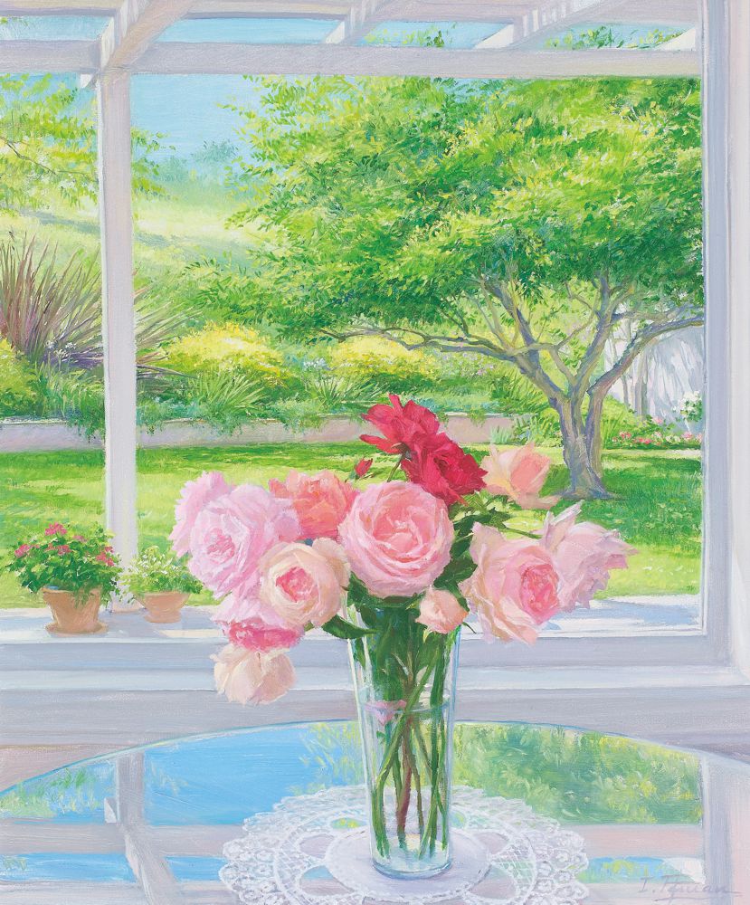 バラ、春の窓辺